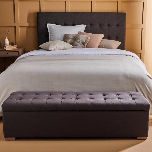 Banc coffre en bois avec revêtement tissu gris VATICAN